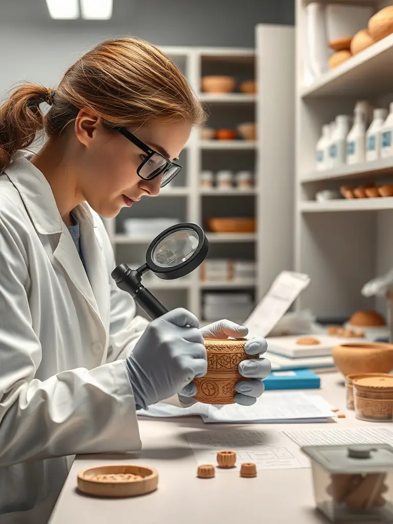A researcher examining ceramic artifacts in a conservation lab, with preservation tools and documentation, ensuring the longevity of historical collections.