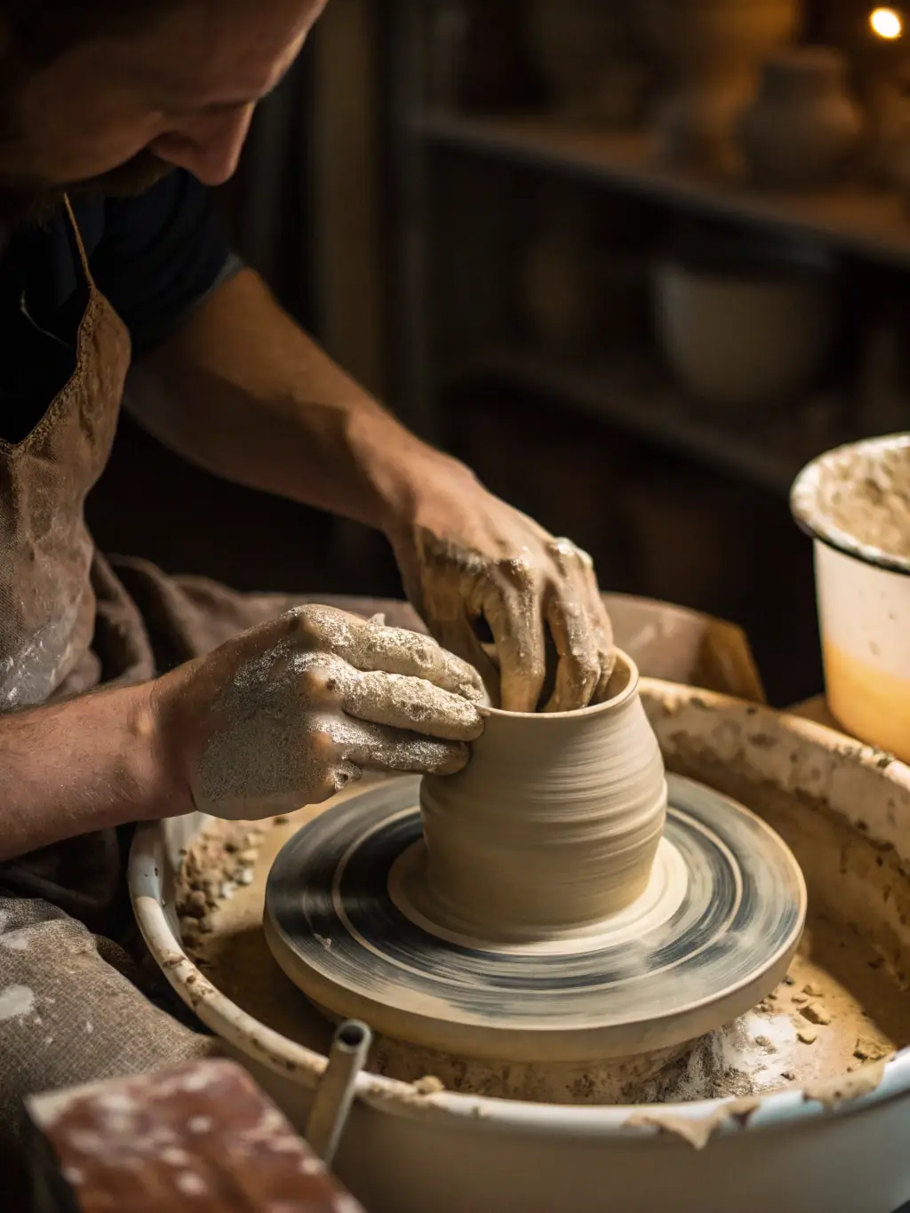 A promotional image for a pottery workshop, showing hands shaping clay on a pottery wheel, with finished pieces in the background.