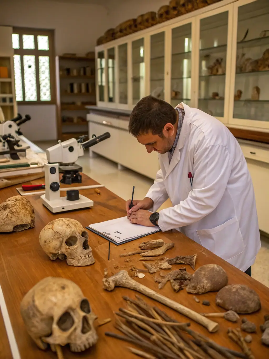A researcher carefully examining a fragment of ancient pottery in a laboratory setting, using specialized tools and equipment.
