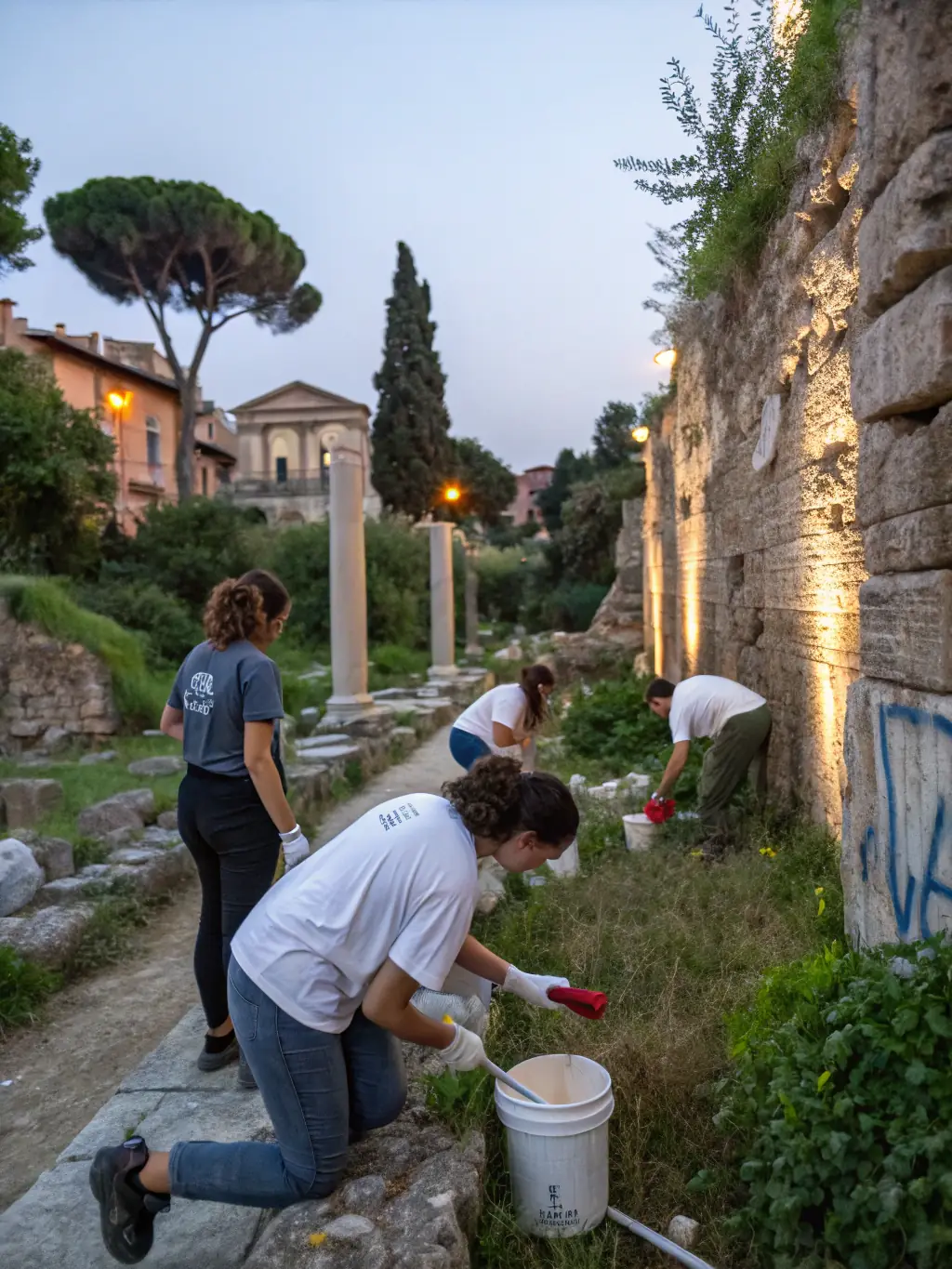 A group of volunteers cleaning and cataloging a collection of antique ceramic tiles, preserving them for future generations.