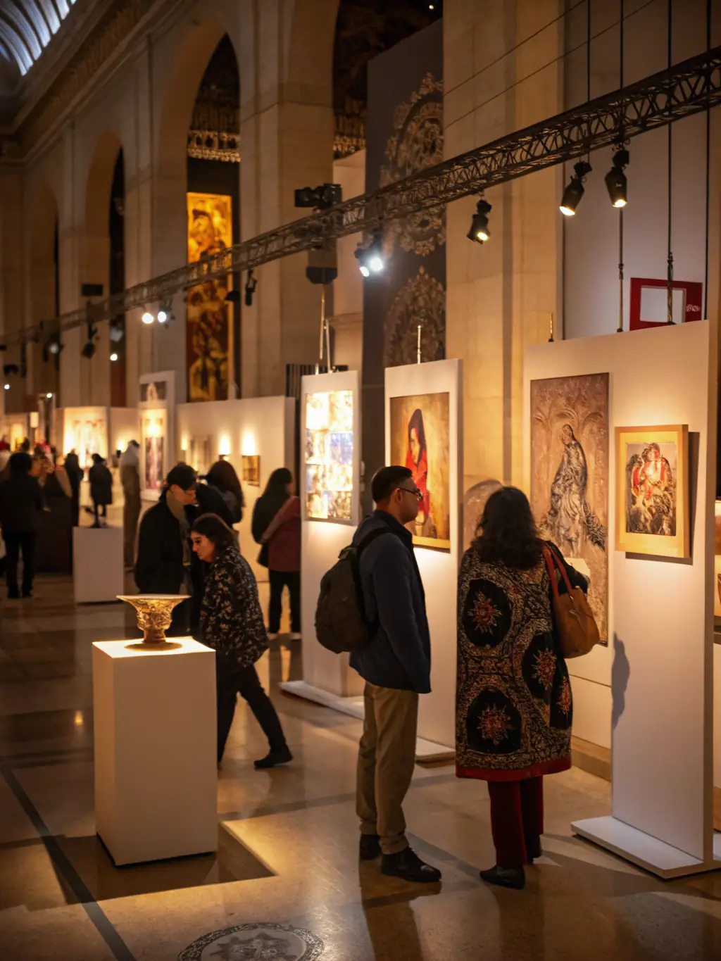 A photograph of the opening night of a ceramics exhibition, featuring attendees admiring the displayed artwork and interacting with the artists.