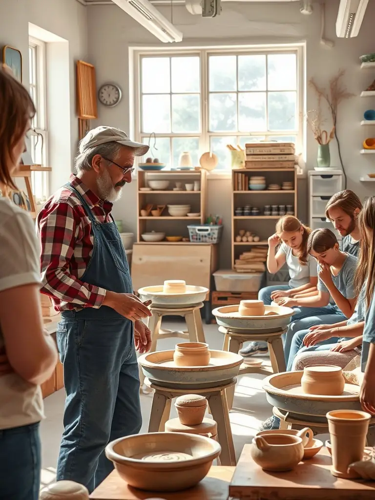 A group of students participating in a hands-on pottery workshop, learning traditional techniques from a skilled artisan in a sunlit studio.