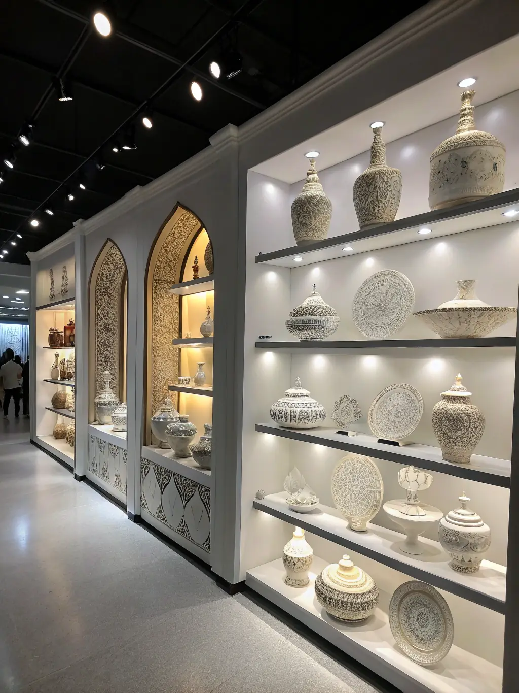 An image of a vibrant ceramic exhibition displaying traditional and contemporary faience pieces in a well-lit gallery space, showcasing the beauty and history of regional ceramics.