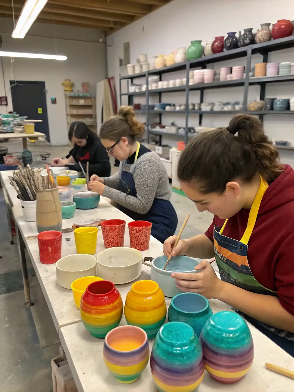 A workshop scene where artisans demonstrate ceramic glazing techniques to a group of engaged students, fostering artisanal skill development and knowledge transfer.