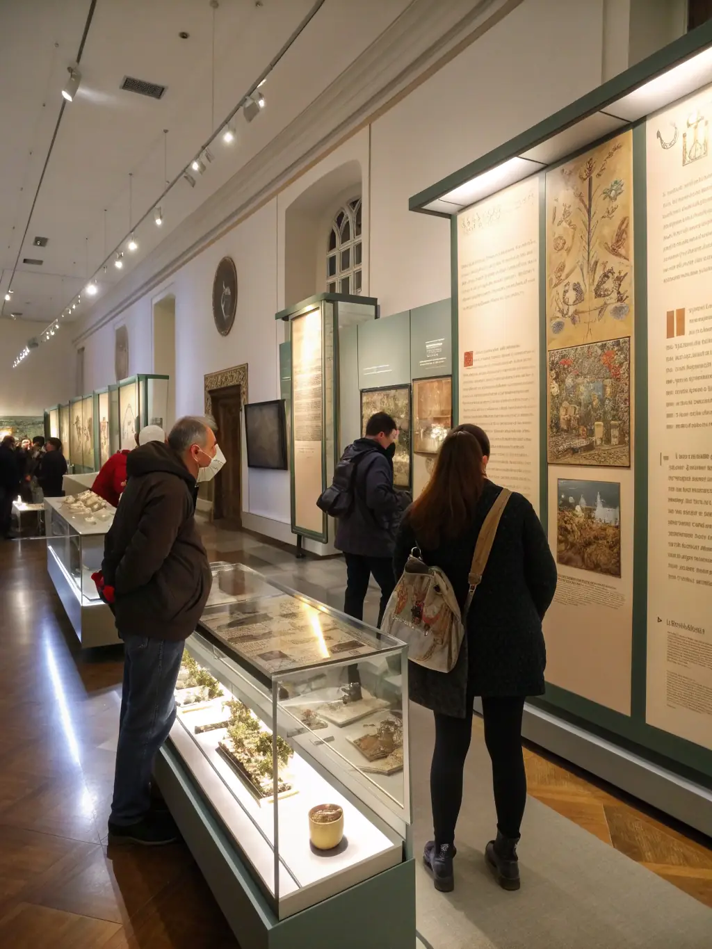 A brightly lit exhibition hall featuring a display of antique faience plates and pottery from the Midi region, with visitors admiring the intricate designs.